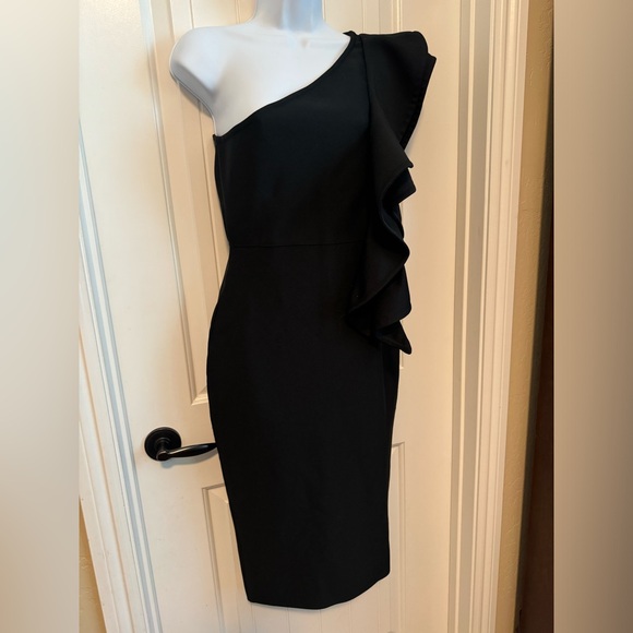 NWT Bodycon Black One Shoulder Ruffle Formal Cocktail Wedding Dress, Size S/M - Picture 5 of 11